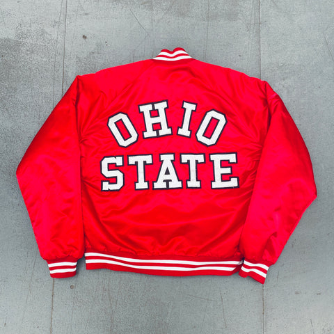 THE Ohio State Buckeyes: 1990's Chalk Line Satin Stitched Spellout Bomber Jacket (L)