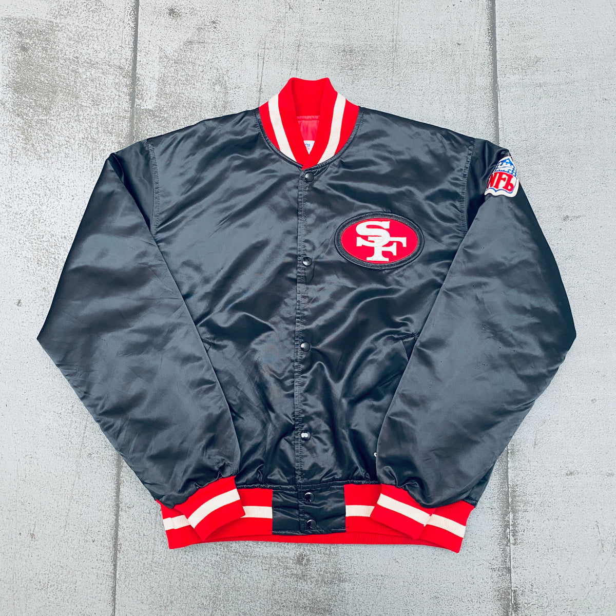 San Francisco 49ers: 1980's White Satin Reverse Spellout Proline Start –  National Vintage League Ltd.