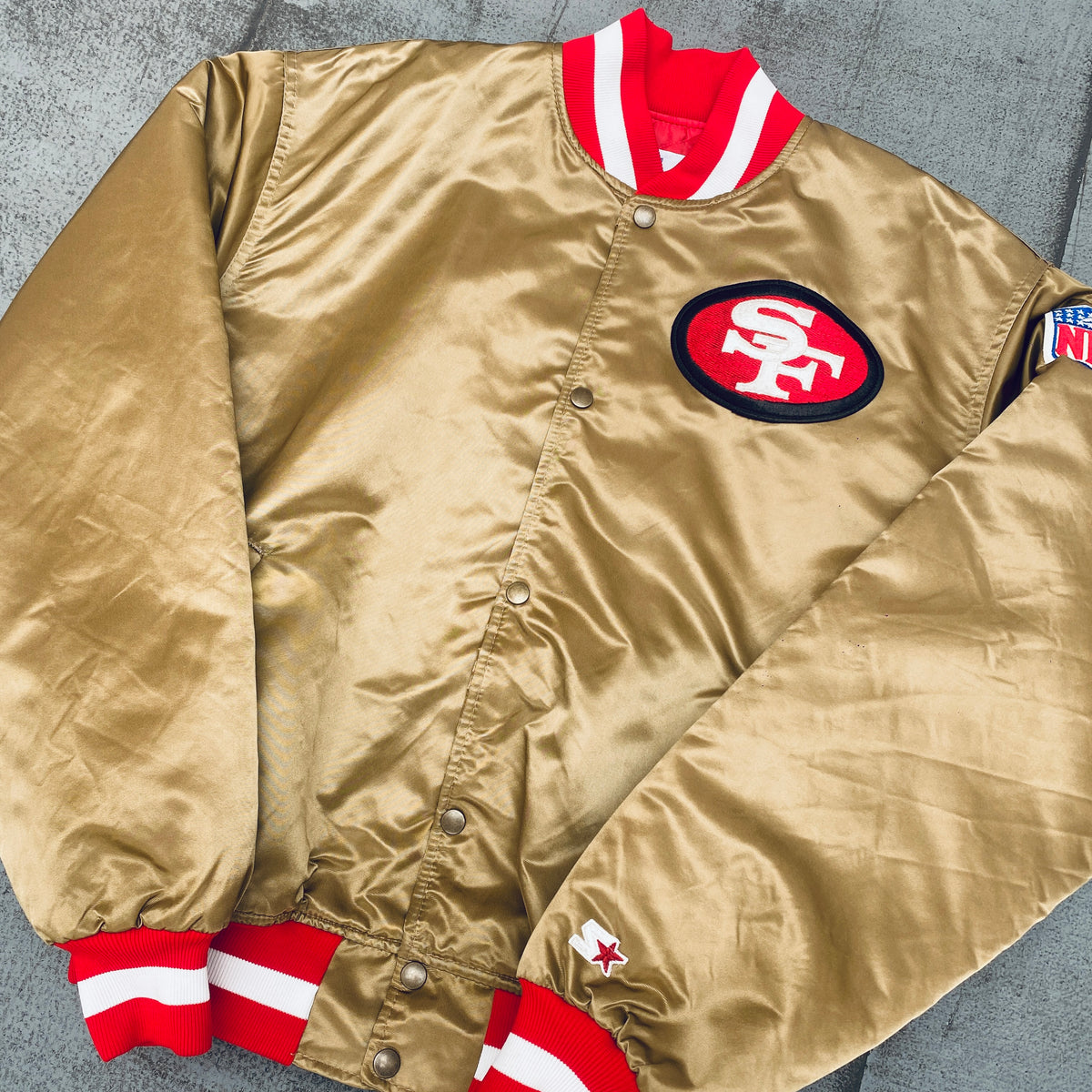 Vtg San Francisco 49ers Starter Jacket Gold Satin Bomber Sz L Old School  80s 90s