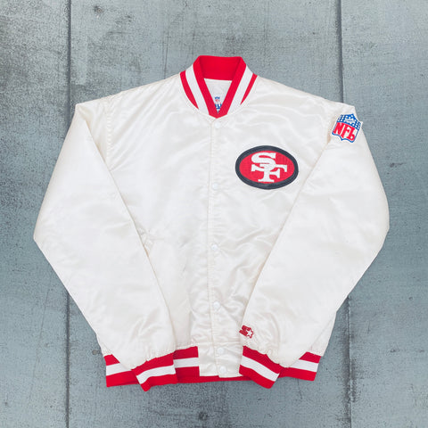 San Francisco 49ers: 1980's White Satin Reverse Spellout Proline Starter Bomber Jacket (L)