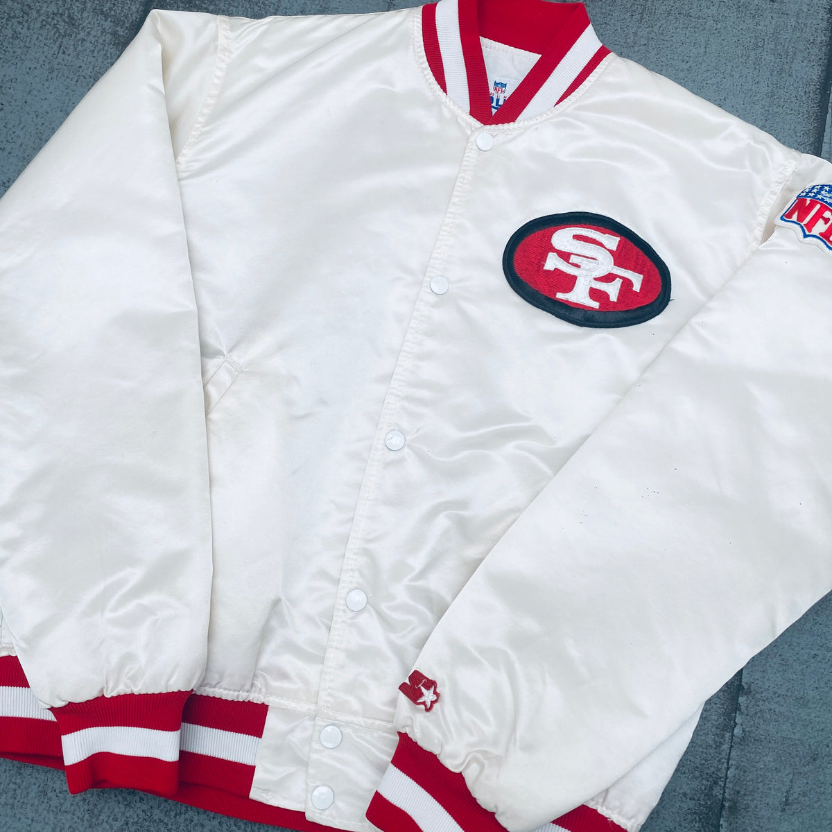 San Francisco 49ers: 1980's White Satin Reverse Spellout Proline Start –  National Vintage League Ltd.