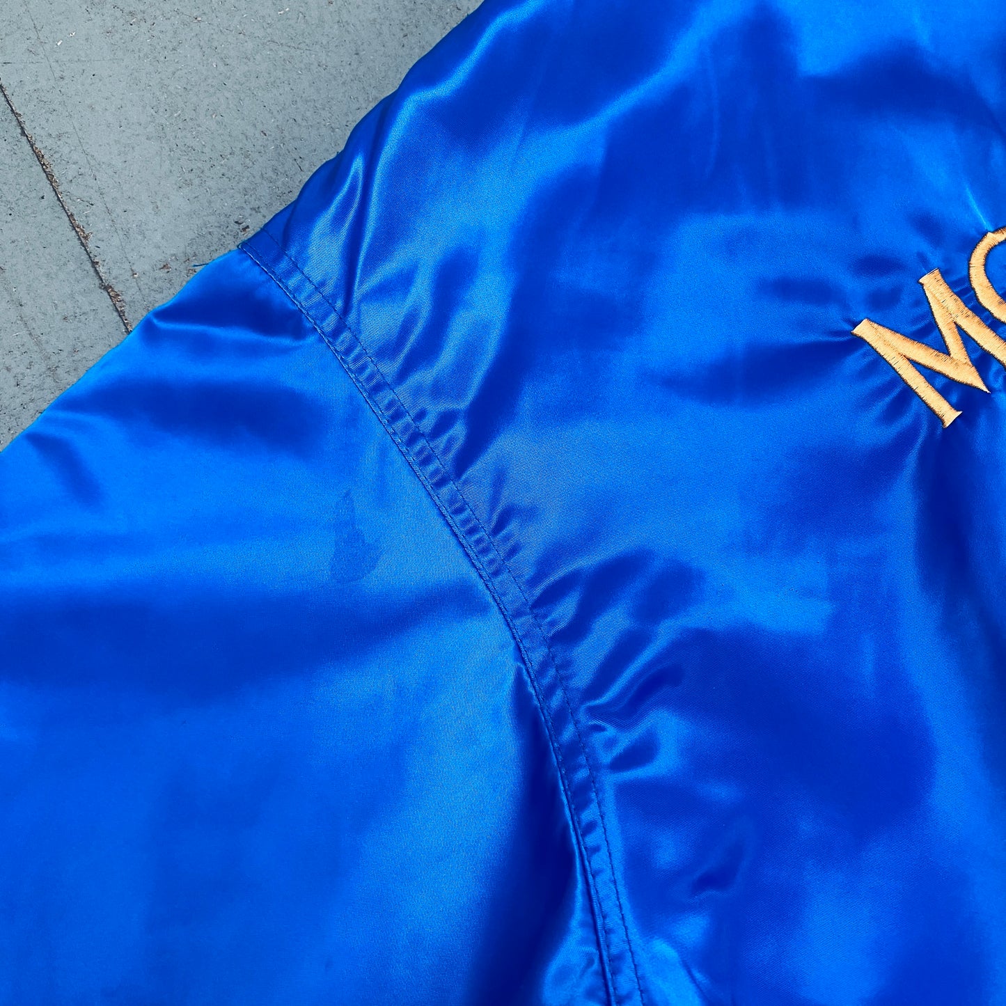 WLAF: London Monarchs 1991 Satin Reverse Embroidered Spellout Bomber Jacket (L/XL)