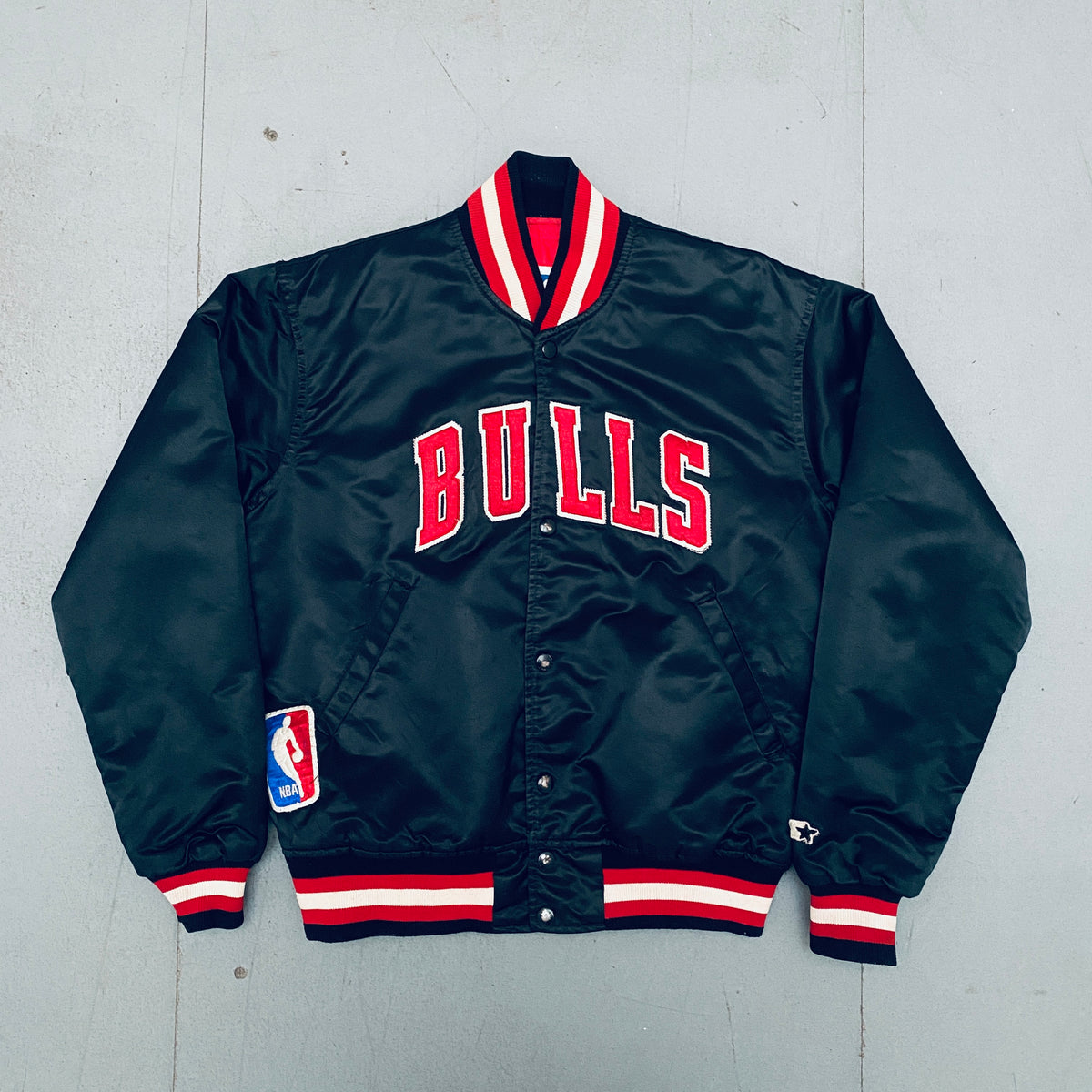 Chicago Bulls 1980 s Satin Stitched Spellout Starter Bomber Jacket M National Vintage League Ltd