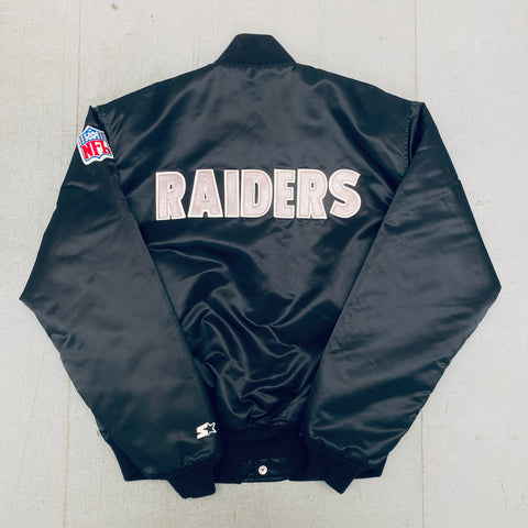 Los Angeles Raiders: 1980's Satin Reverse Spellout Proline Starter Bomber Jacket (XL)