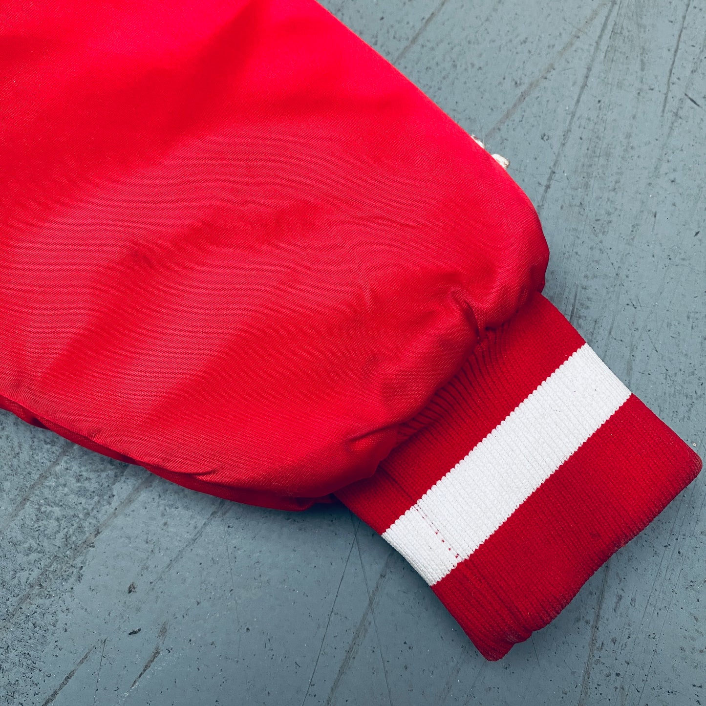 San Francisco 49ers: 1980's Red Satin Reverse Spellout Starter Bomber Jacket (L)