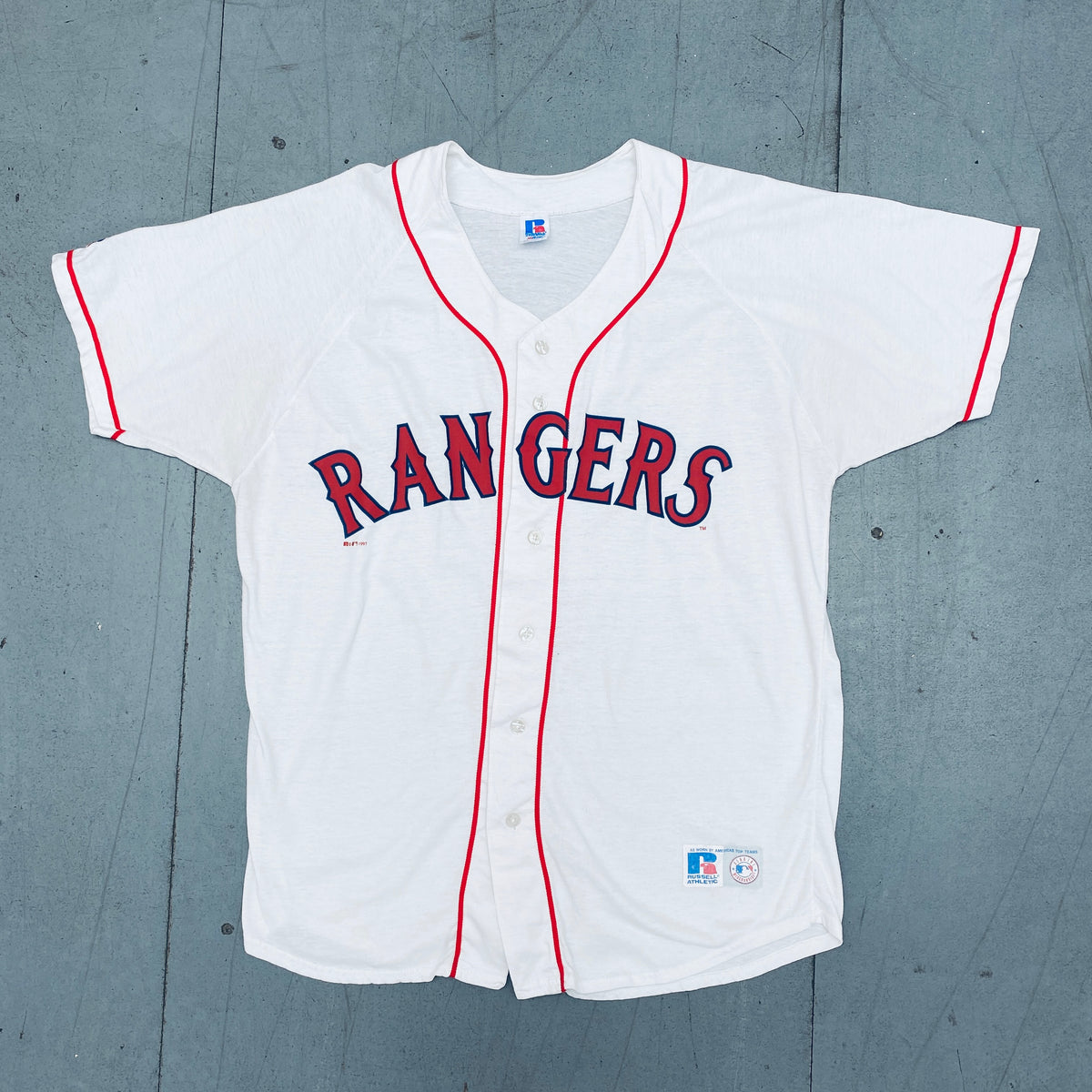 Texas Rangers: 1997 White Russell Athletic Home Jersey (XL