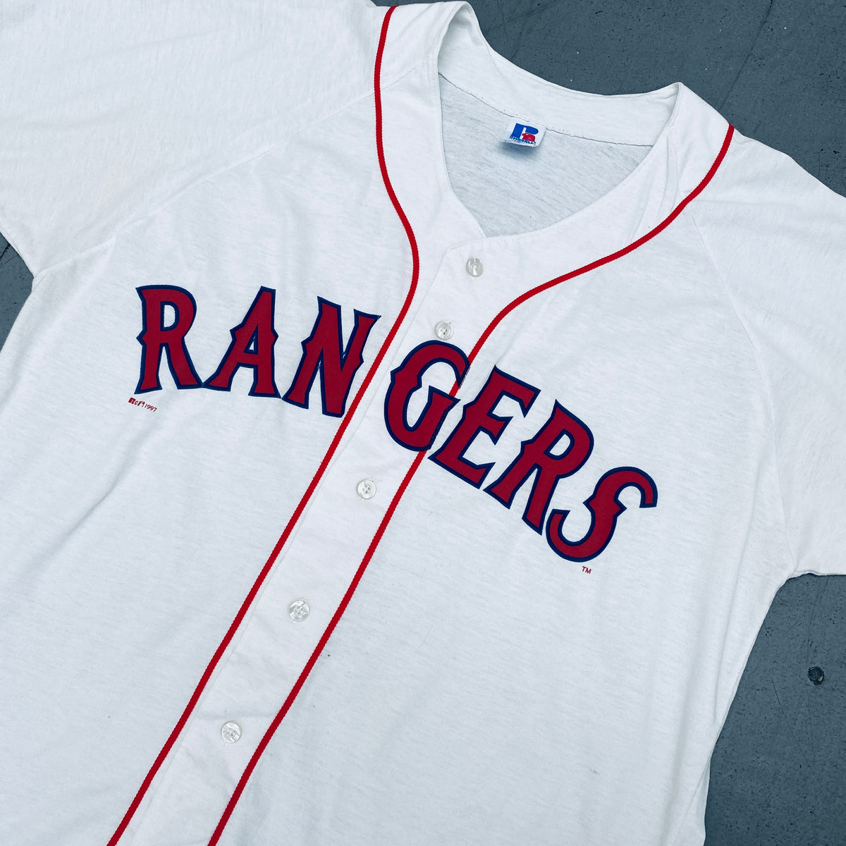 Texas Rangers: 1997 White Russell Athletic Home Jersey (XL