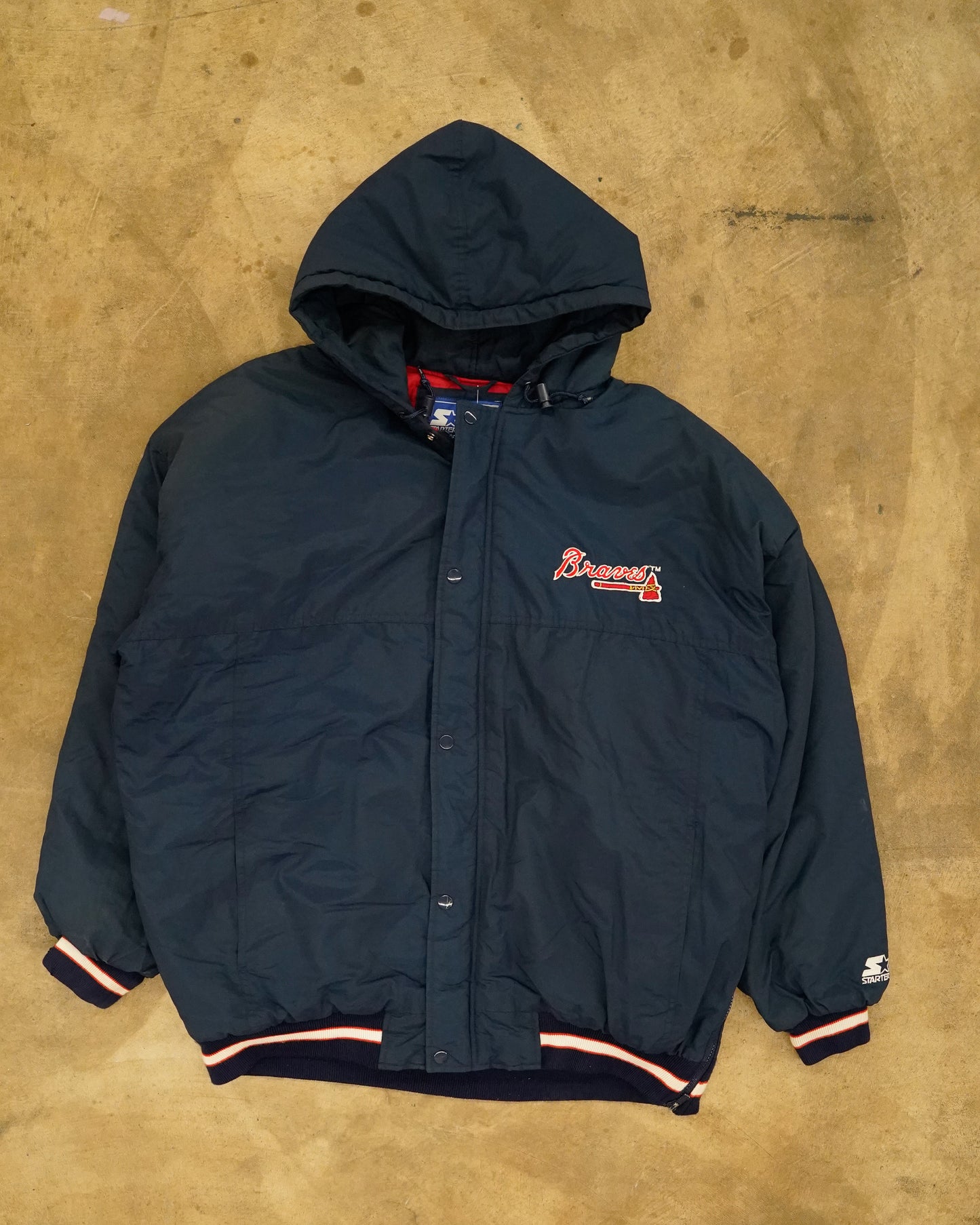 Atlanta Braves: 1990's Reverse Embroidered Spellout Fullzip Stater Parka Jacket (XL)