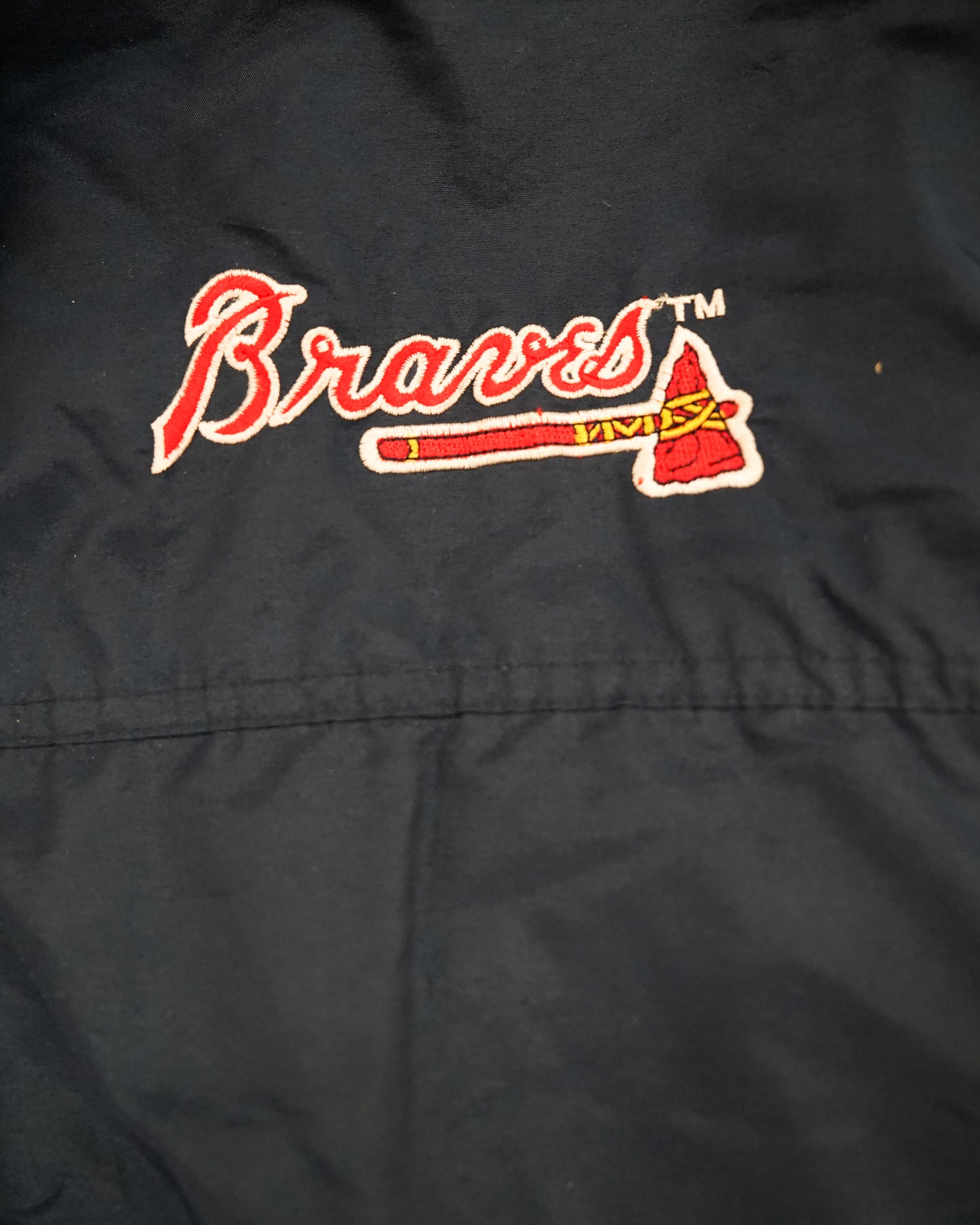 Atlanta Braves: 1990's Reverse Embroidered Spellout Fullzip Stater Parka Jacket (XL)