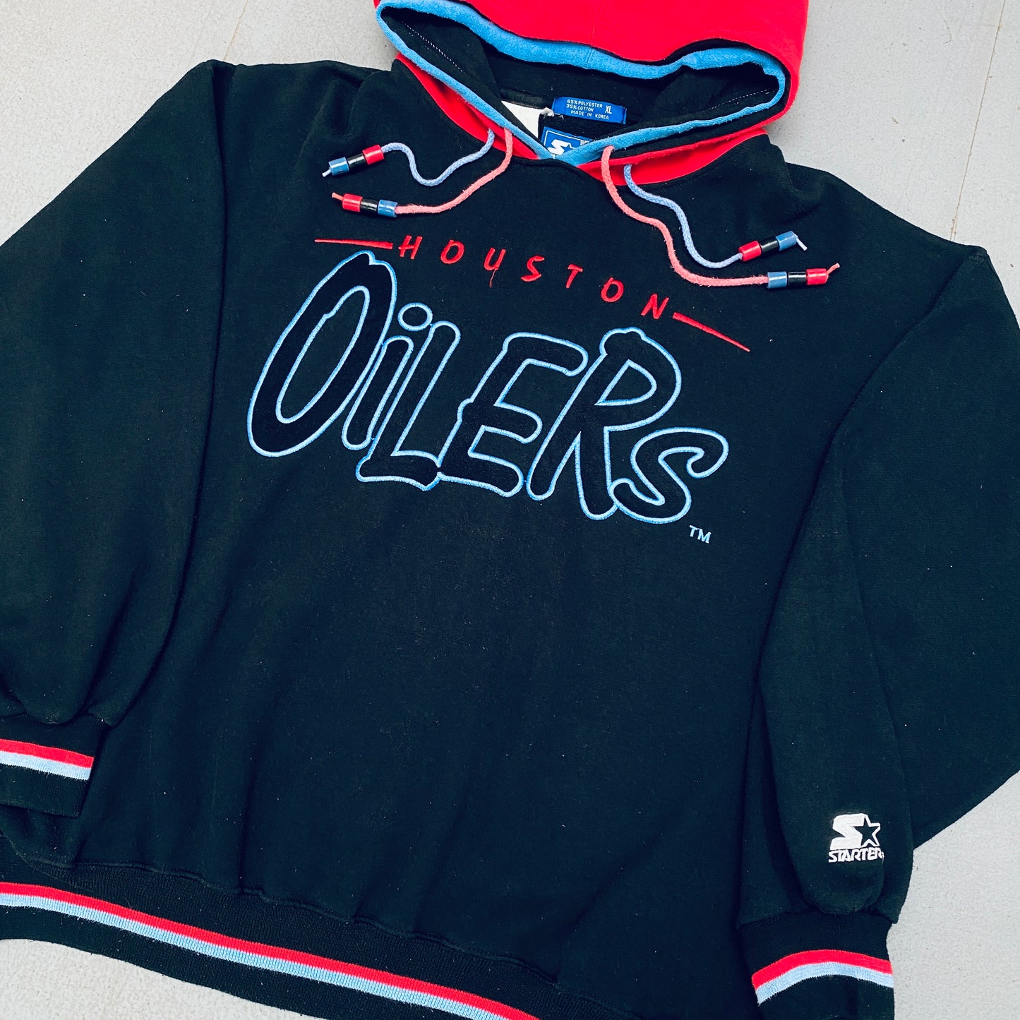 Houston Oilers: 1990's Blackout Graffiti Spellout Double Hood Starter Hoodie (XL)