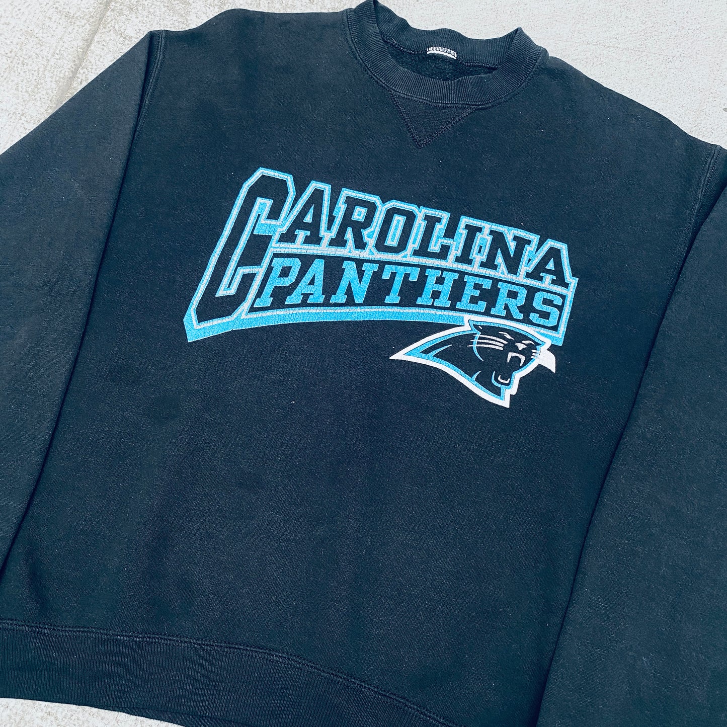 Carolina Panthers: 1990's Russell Athletic Graphic Spellout Sweat (S/M)