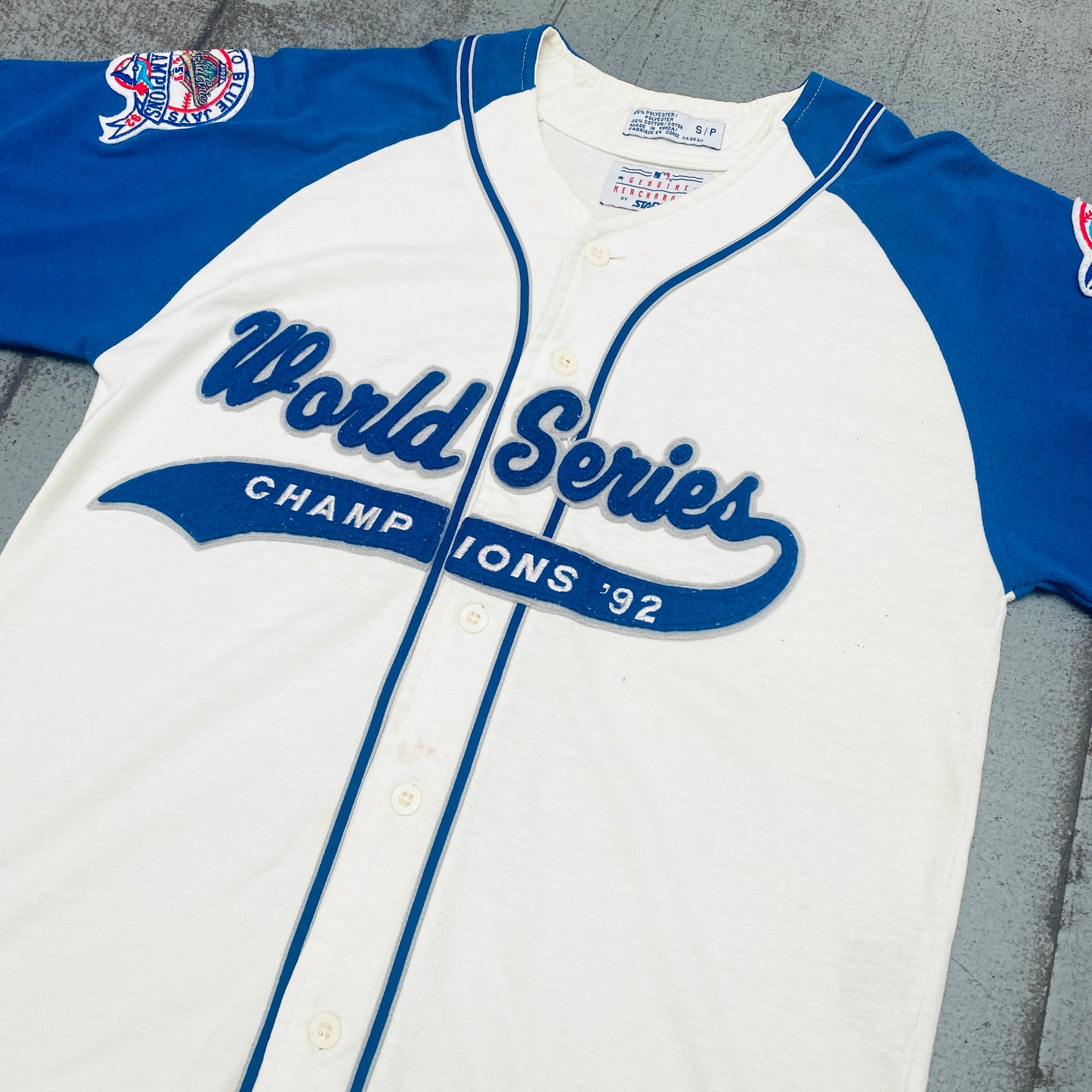 Toronto Blue Jays: 1992 World Series Champions Stitched Script Spellout Starter Baseball Jersey (S/M)