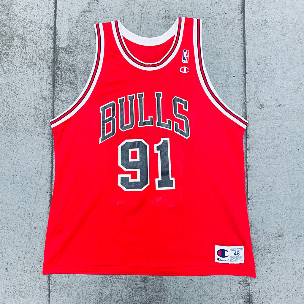 NEW #91 Dennis Rodman Chicago Bulls 95-96 Red Pinstripe NBA Jersey (Small)