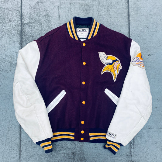 Minnesota Vikings: 1980's DeLong Leather Sleeve Woollen Varsity Jacket w/ NFC Champs Patch (L)