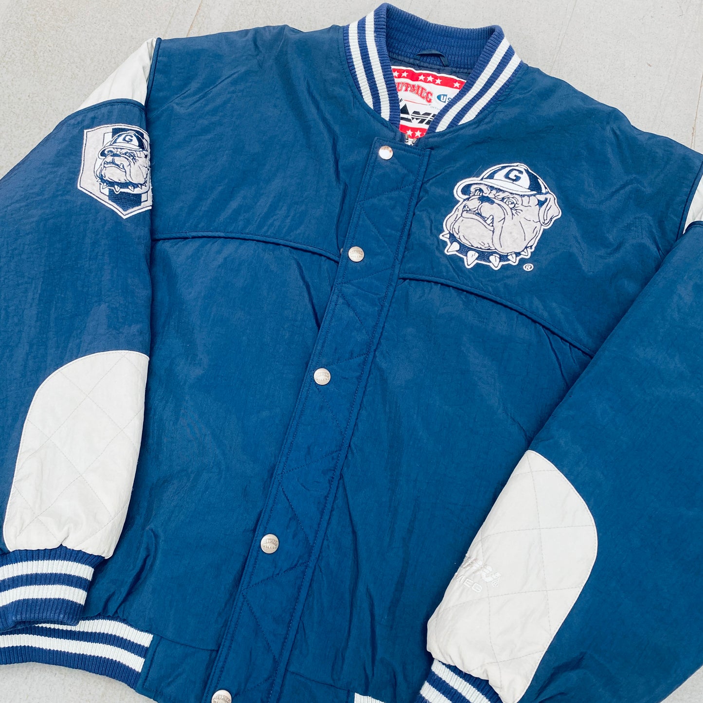 Georgetown Hoyas: 1990's Nutmeg Mills Reverse Spellout Fullzip Bomber Jacket (XL)