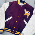 Minnesota Vikings: 1980's DeLong Leather Sleeve Woollen Varsity Jacket w/ NFC Champs Patch (L)