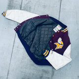 Minnesota Vikings: 1980's DeLong Leather Sleeve Woollen Varsity Jacket w/ NFC Champs Patch (L)