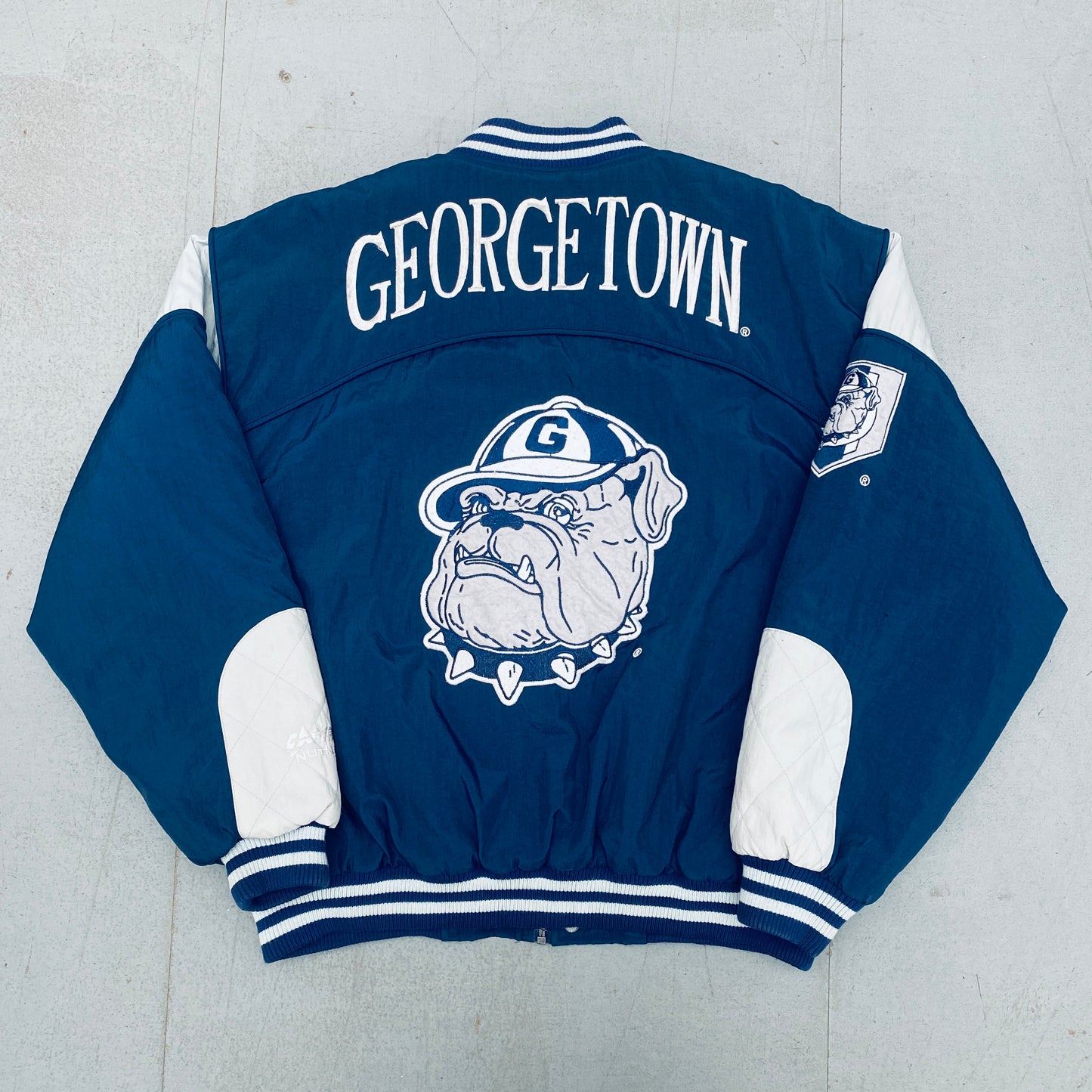 Georgetown Hoyas: 1990's Nutmeg Mills Reverse Spellout Fullzip Bomber Jacket (XL)