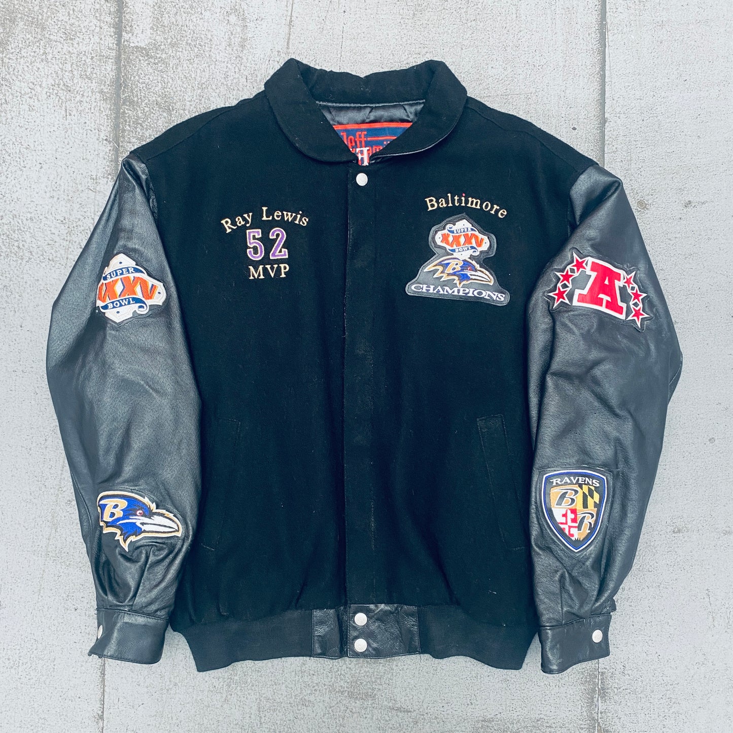 Baltimore Ravens: 2001 Super Bowl XXXV Champions Leather Sleeve Woollen Jeff Hamilton Varsity Jacket (M/L)