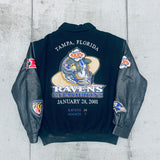 Baltimore Ravens: 2001 Super Bowl XXXV Champions Leather Sleeve Woollen Jeff Hamilton Varsity Jacket (M/L)