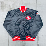 San Francisco 49ers: 1980's Blackout Satin Reverse Spellout Proline Starter Bomber Jacket (L)