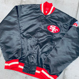 San Francisco 49ers: 1980's Blackout Satin Reverse Spellout Proline Starter Bomber Jacket (L)