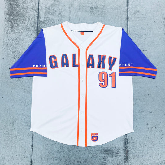 WLAF: Frankfurt Galaxy 1991 Inaugural Season Embroidered Spellout Baseball Jersey (XL/XXL)