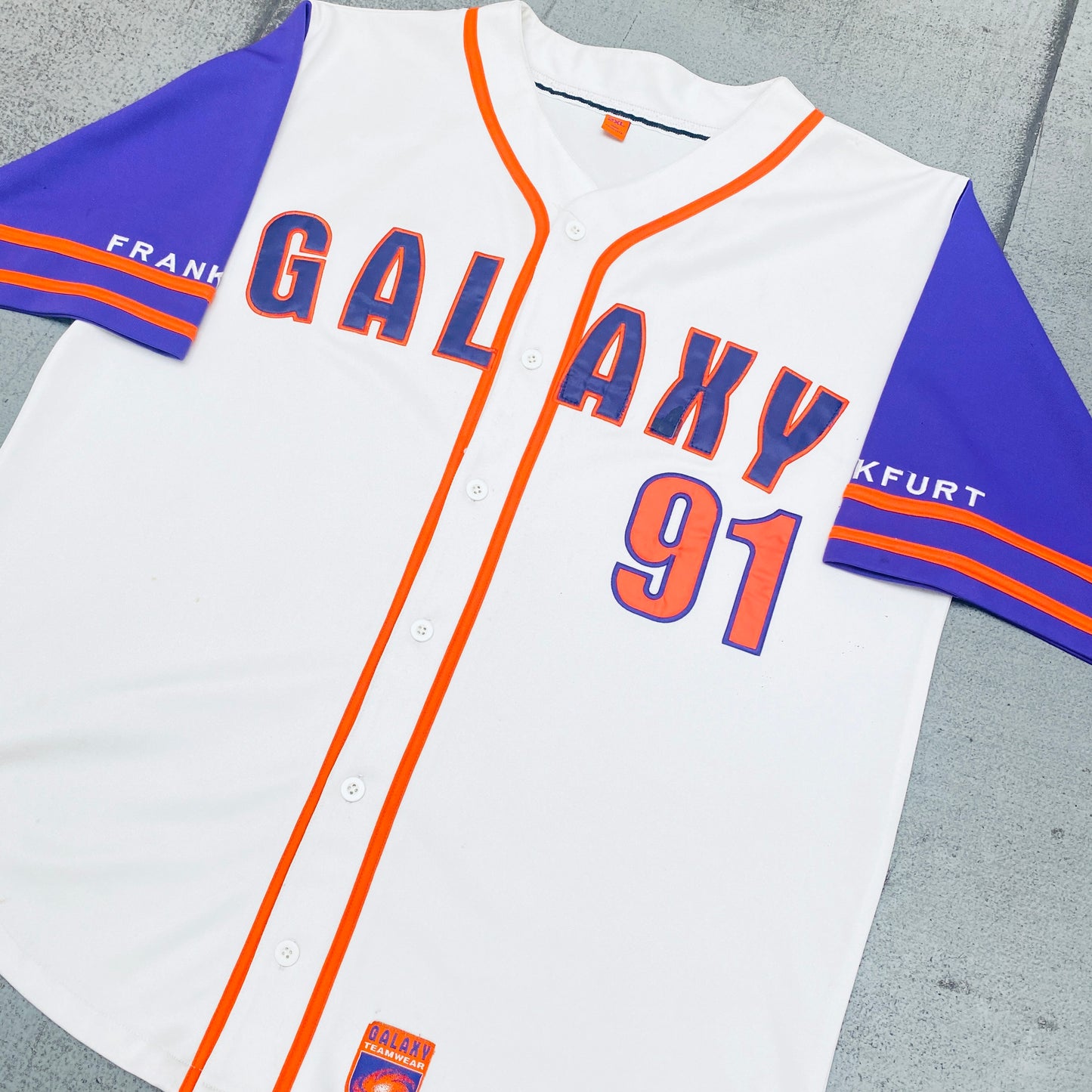 WLAF: Frankfurt Galaxy 1991 Inaugural Season Embroidered Spellout Baseball Jersey (XL/XXL)