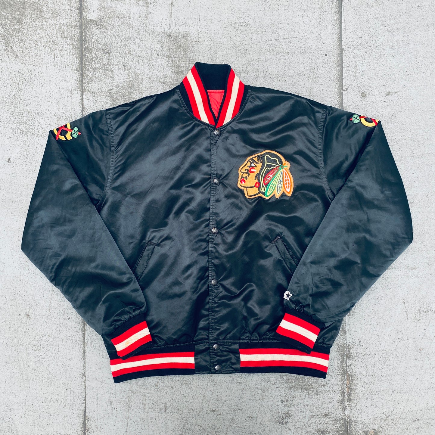 Chicago Blackhawks: 1980's Blackout Satin Starter Bomber Jacket (L)