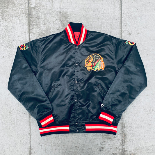 Chicago Blackhawks: 1980's Blackout Satin Starter Bomber Jacket (L)