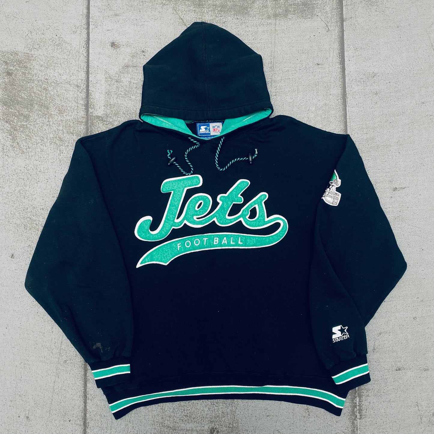 New York Jets: 1990's Stitched Script Spellout Starter Hoodie (L/XL)