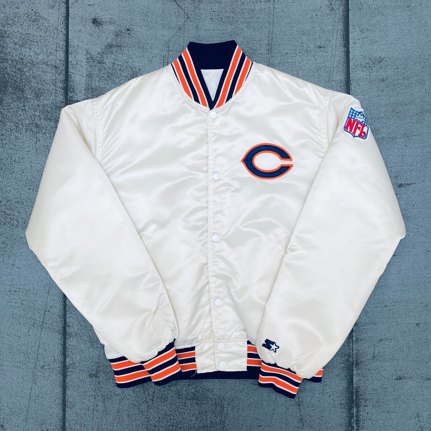 Chicago Bears: 1980's Cream Satin Proline Starter Bomber Jacket (L)