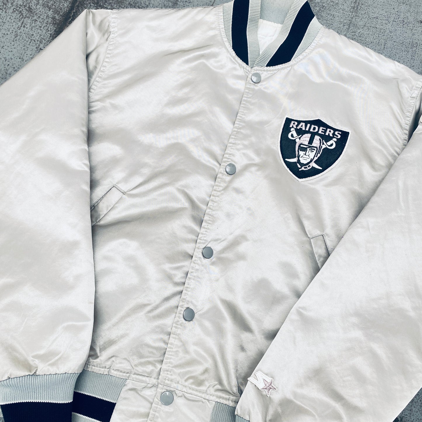 Los Angeles Raiders: 1980's Silver Satin Proline Starter Bomber Jacket (M)