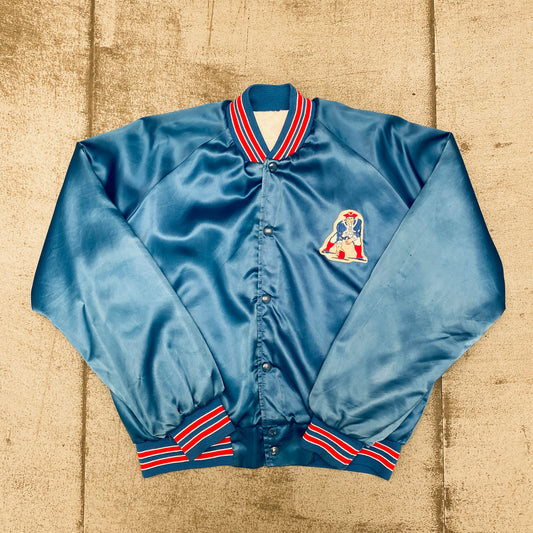 New England Patriots: 1980's Chalk Line Satin "Pat Patriot" Bomber Jacket (L)