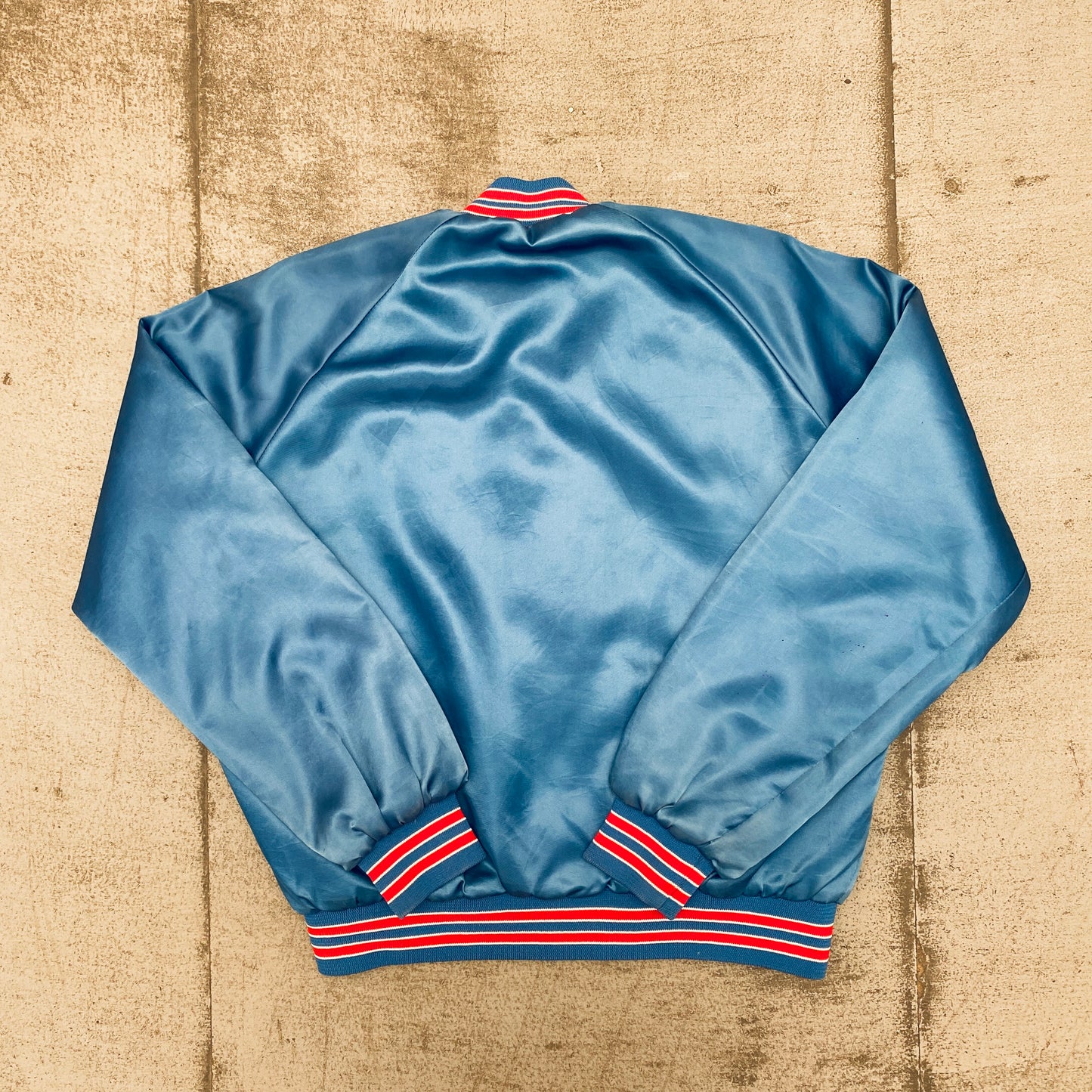 New England Patriots: 1980's Chalk Line Satin "Pat Patriot" Bomber Jacket (L)