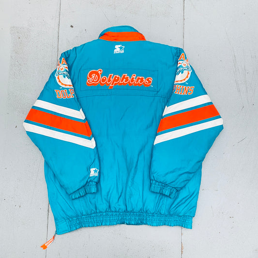 Miami Dolphins: 1990's Reverse Spellout Fullzip Proline Starter Chevron Jacket (XL)