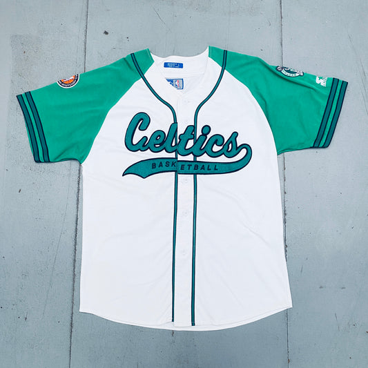 Boston Celtics: 1990's Stiched Script Spellout Starter Baseball Jersey (L)