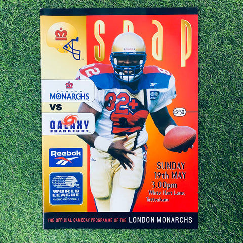 Snap Official Gameday Programme. London Monarchs vs Frankfurt Galaxy, 19th May, 1996