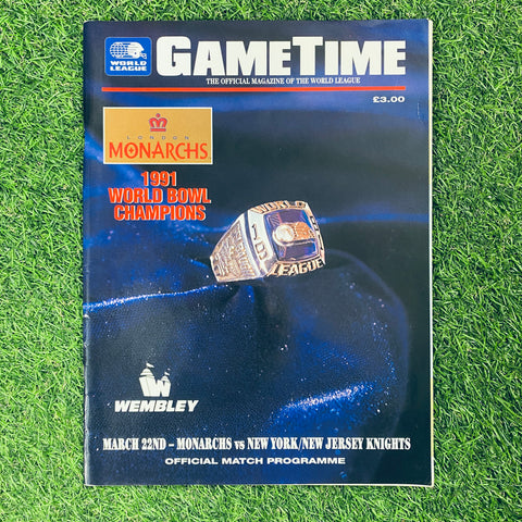 Game Time Official Match Programme, Monarchs vs New York / New Jersey Knights, 22 March, 1992