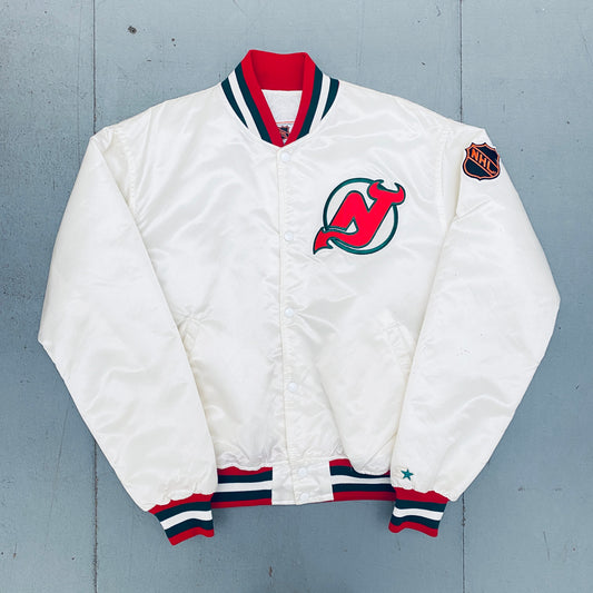 New Jersey Devils: 1980's White Satin Starter Bomber Jacket (XL)