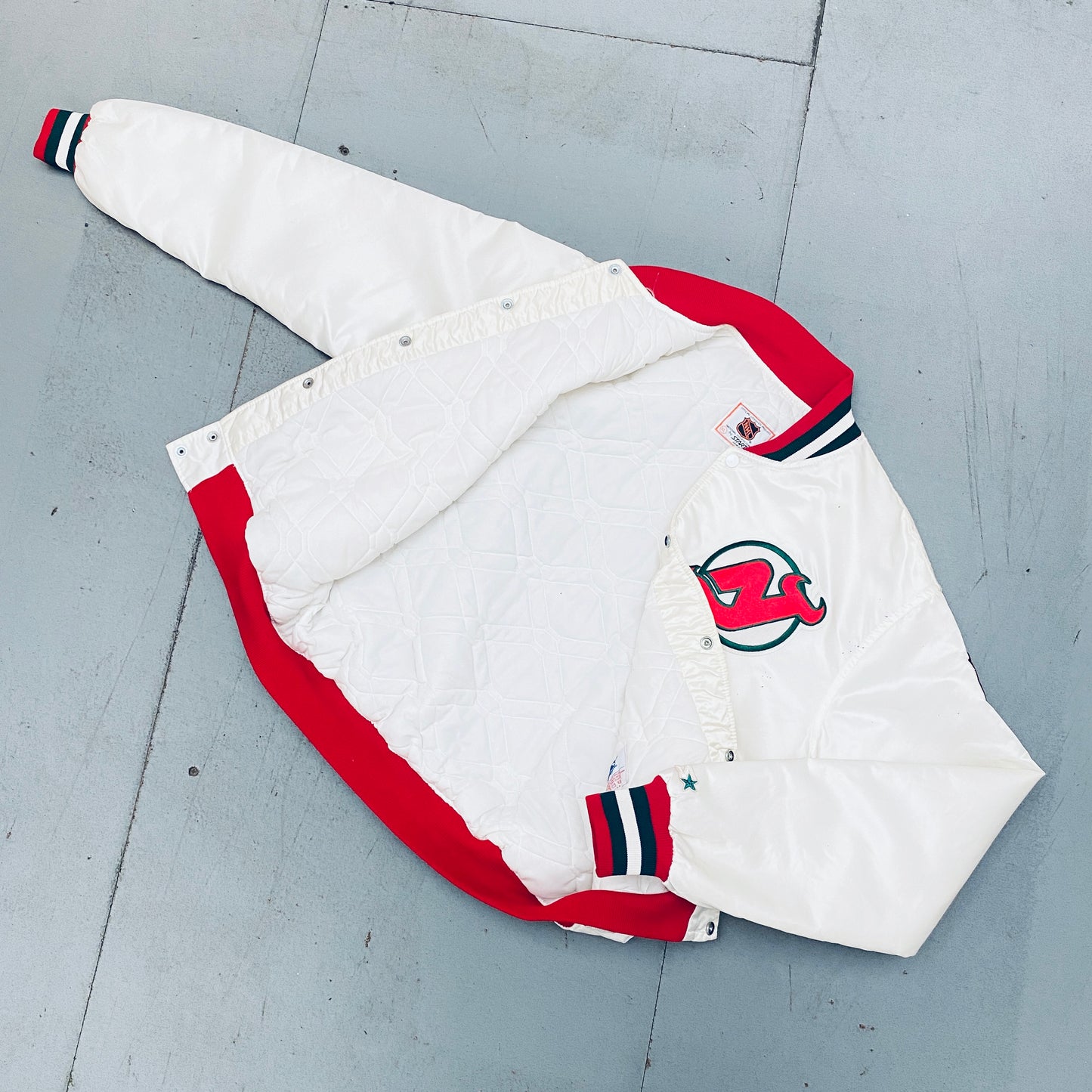 New Jersey Devils: 1980's White Satin Starter Bomber Jacket (XL)