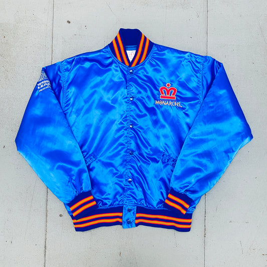 WLAF: London Monarchs 1991 Satin Reverse Embroidered Spellout Bomber Jacket (L/XL)