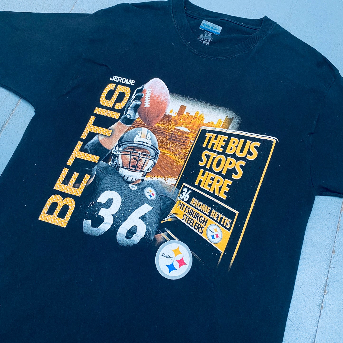 Pittsburgh Steelers: 2005 Reebok Jerome Bettis "The Bus Stops Here" All Over Graphic Tee (M/L)