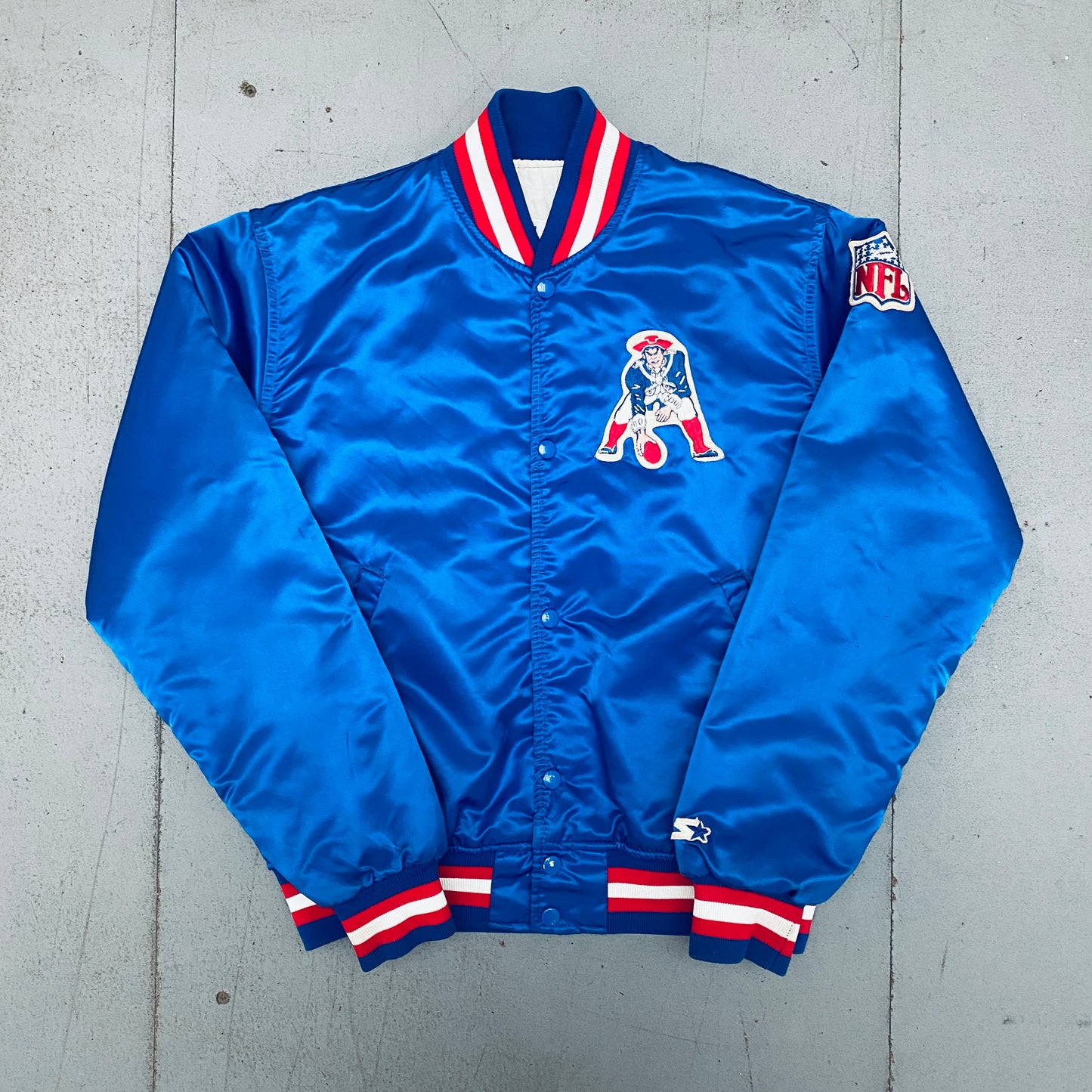 New England Patriots: 1980's Satin "Pat Patriot" Proline Starter Bomber Jacket (M)