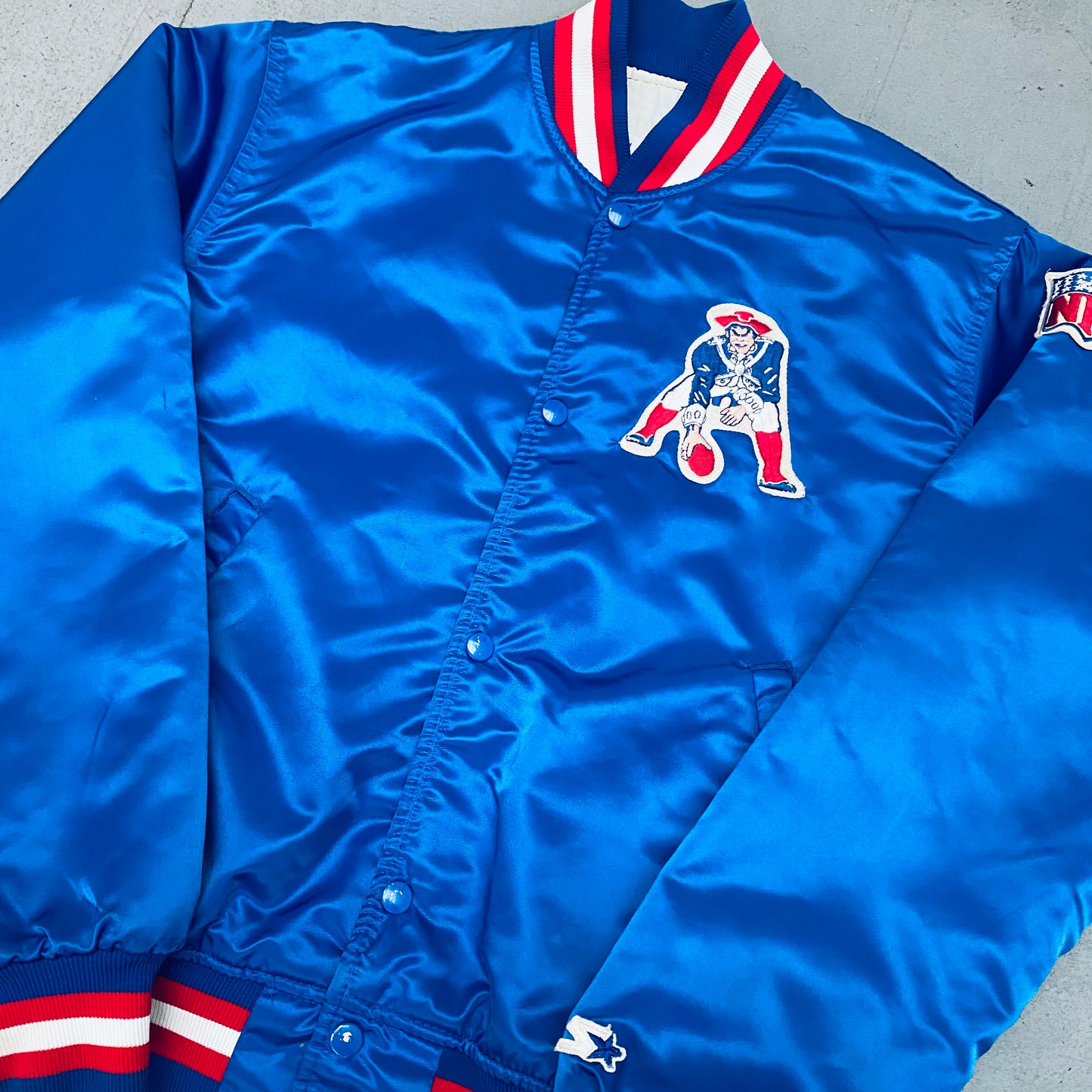 New England Patriots: 1980's Satin "Pat Patriot" Proline Starter Bomber Jacket (M)