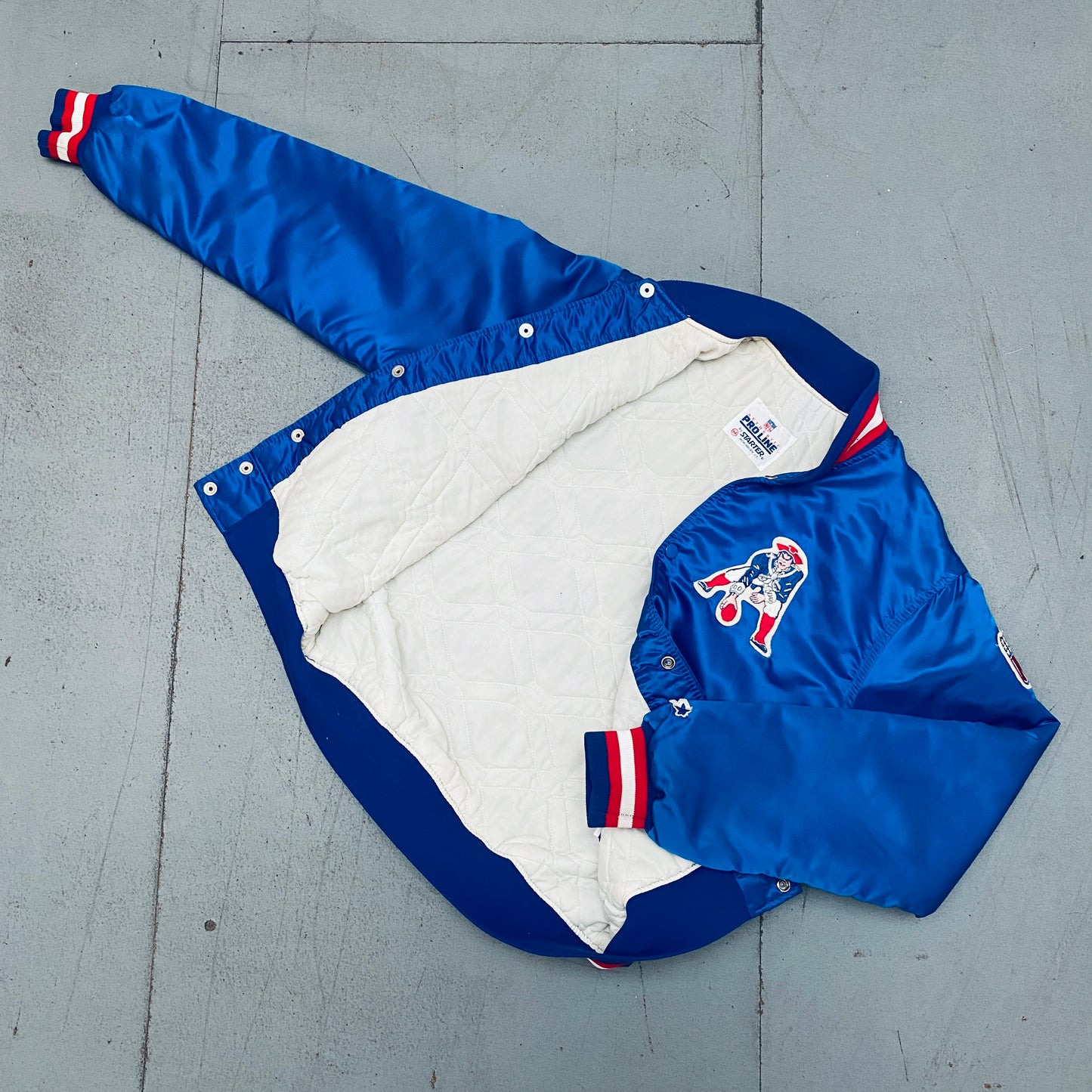 New England Patriots: 1980's Satin "Pat Patriot" Proline Starter Bomber Jacket (M)