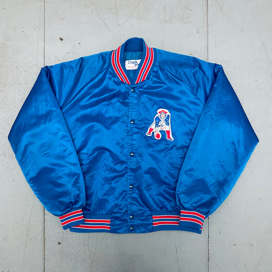 New England Patriots: 1980's Chalk Line Satin "Pat Patriot" Bomber Jacket (XL)