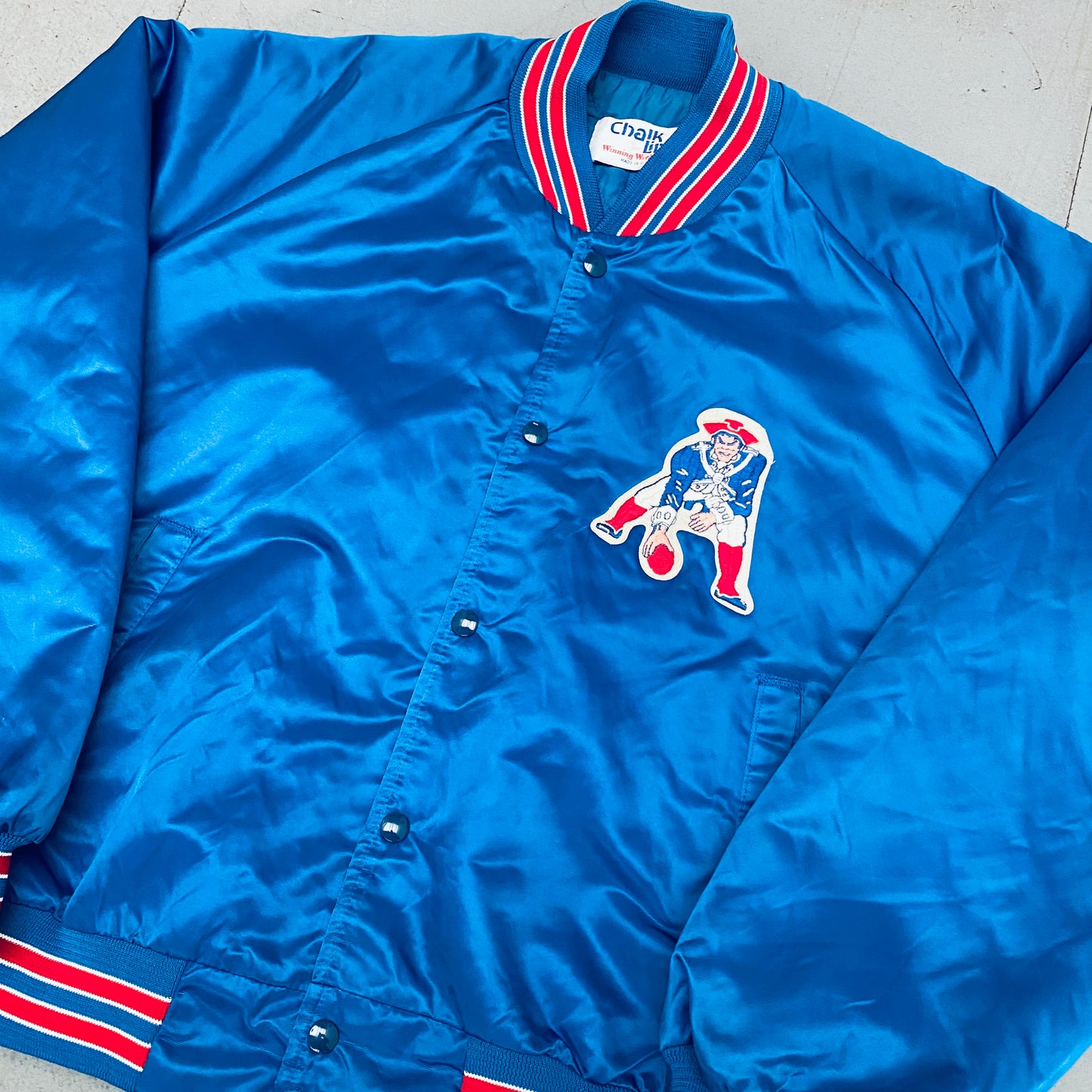 New England Patriots: 1980's Chalk Line Satin "Pat Patriot" Bomber Jacket (XL)