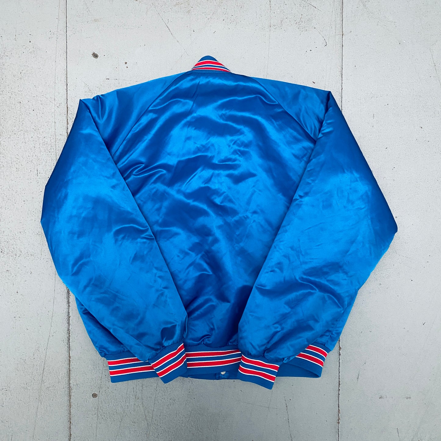 New England Patriots: 1980's Chalk Line Satin "Pat Patriot" Bomber Jacket (XL)