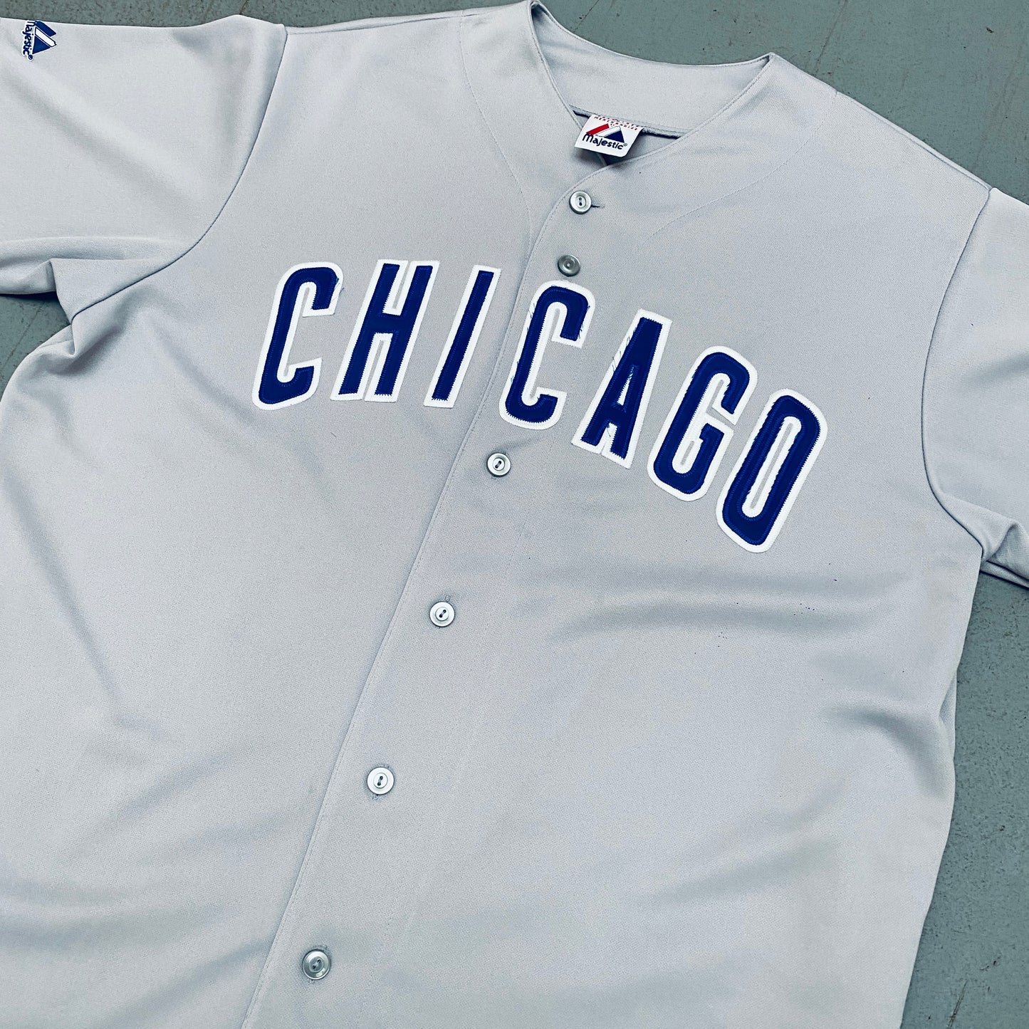 Chicago Cubs: 1990's Grey Majestic Stitched Spellout Jersey (L)